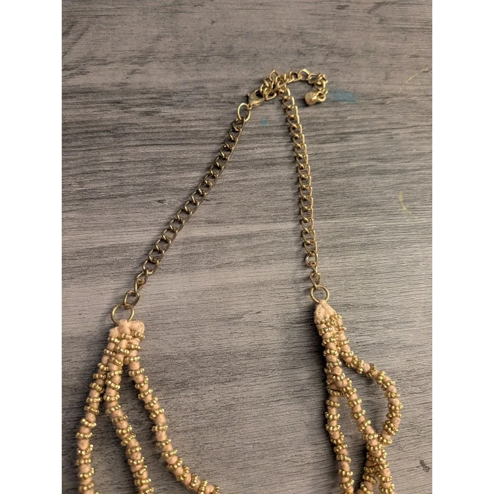 Boho Gold Tone Beaded Multi Strand Tassel Statement Necklace Tan Beige Fringe